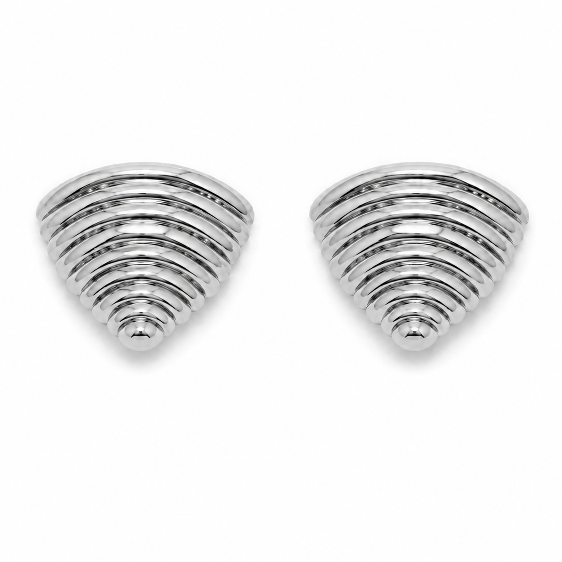 Pair of silver earrings with a geometric design on a white background