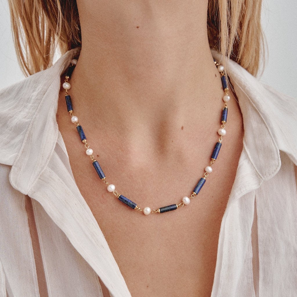 'ORIGEN' PEARLS & STONES NECKLACE -LAPIS - TGU