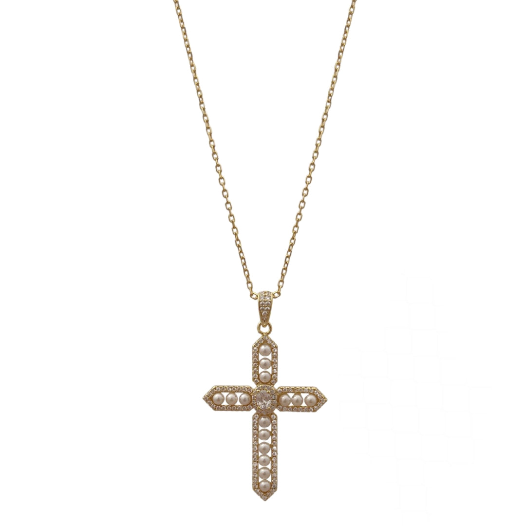 Large Pearly Cross Necklace