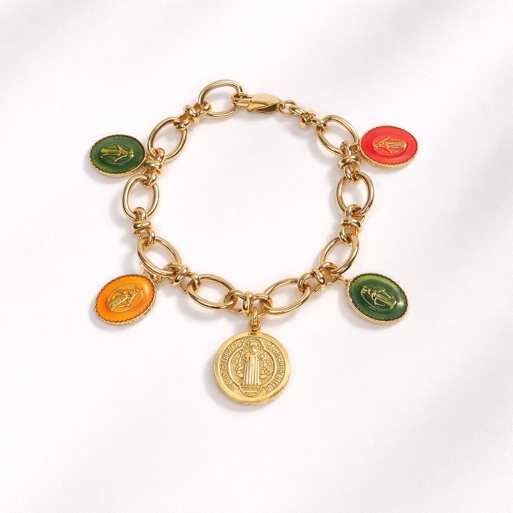 Gold bracelet with colorful charm coins on a white background
