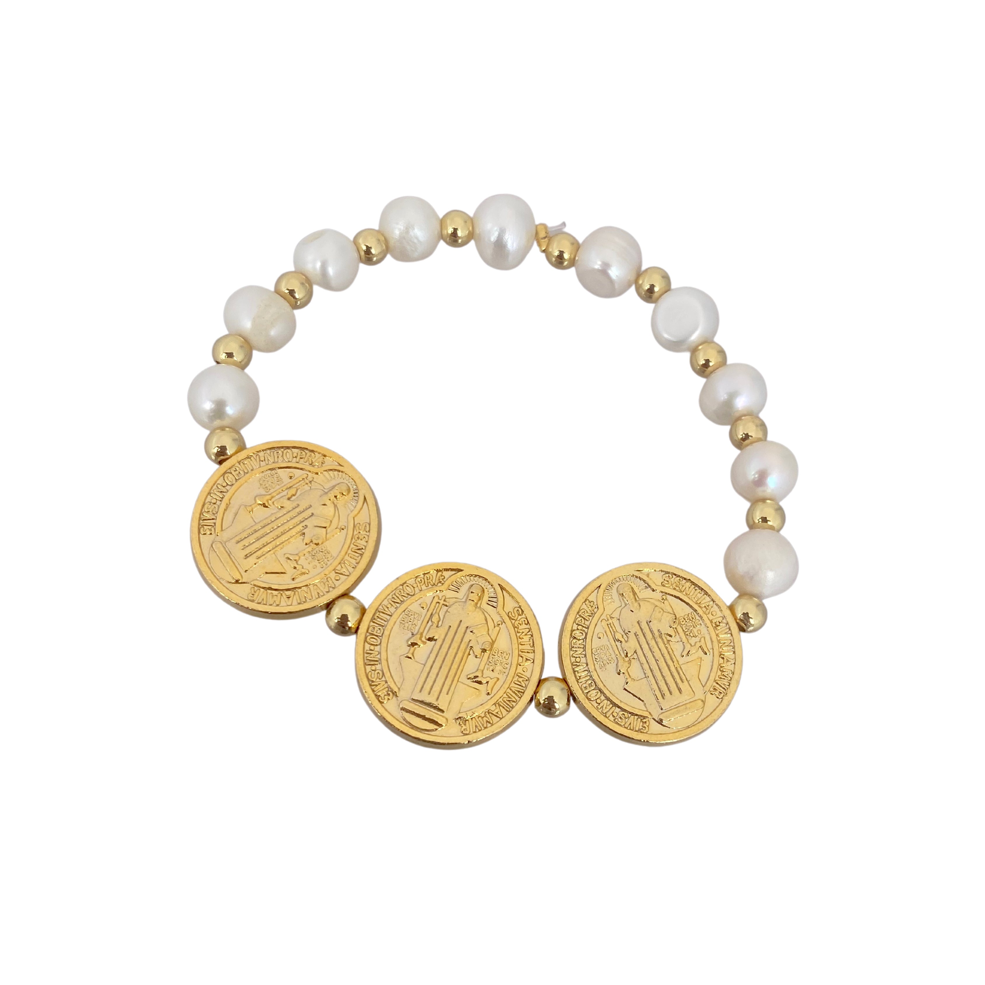 Triple San Benito Pearl with Gold Beaded Bracelet