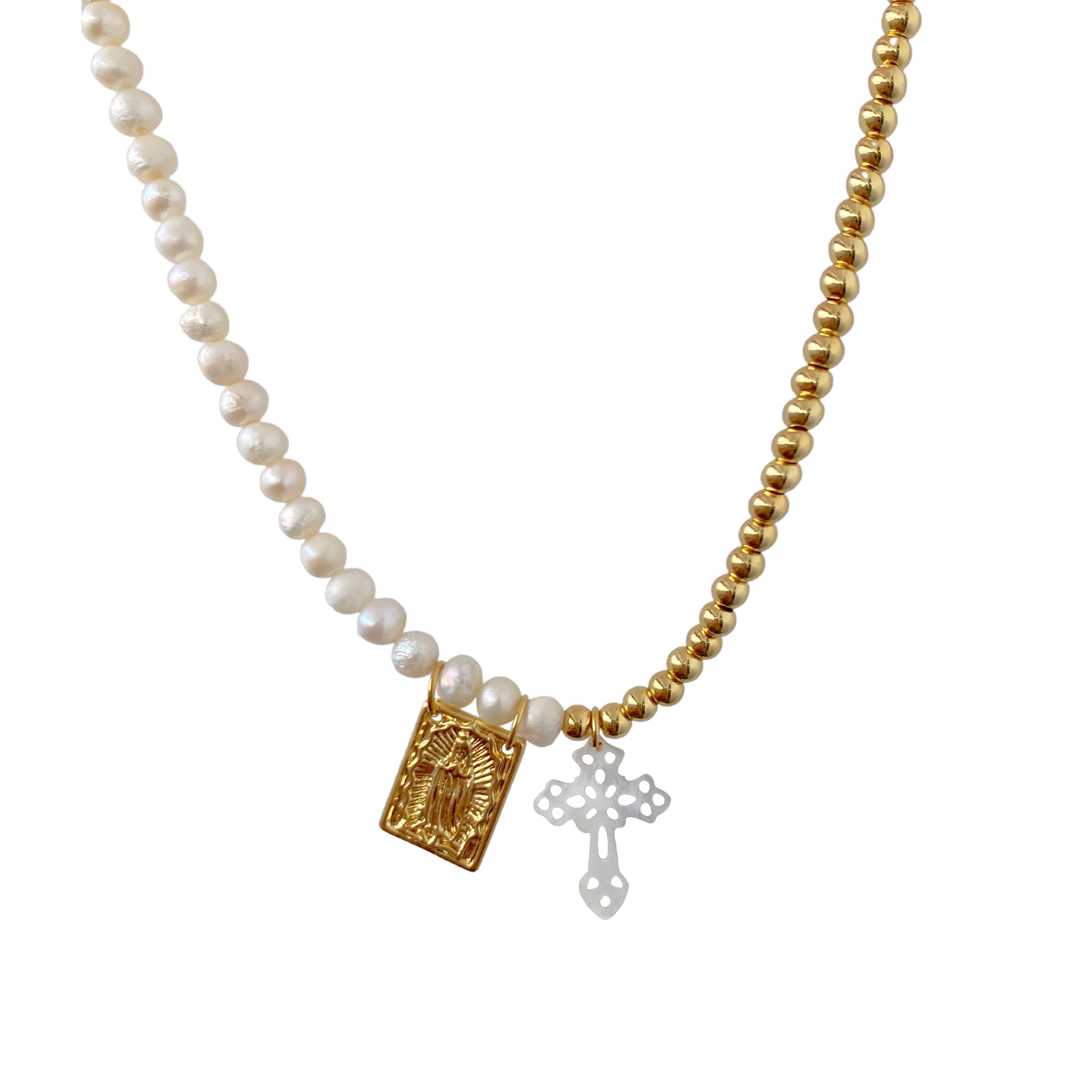 Our Lady of Guadalupe Cross Pearl Necklace