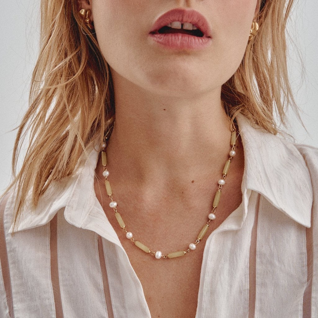 'ORIGEN' PEARLS & STONES NECKLACE -LEMON STONE -